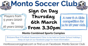 Soccer Sign On @ Monto Combined Sports Complex